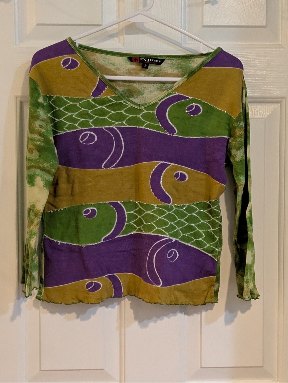 Long Sleeve Patterned V-Neck Top - Green & Purple